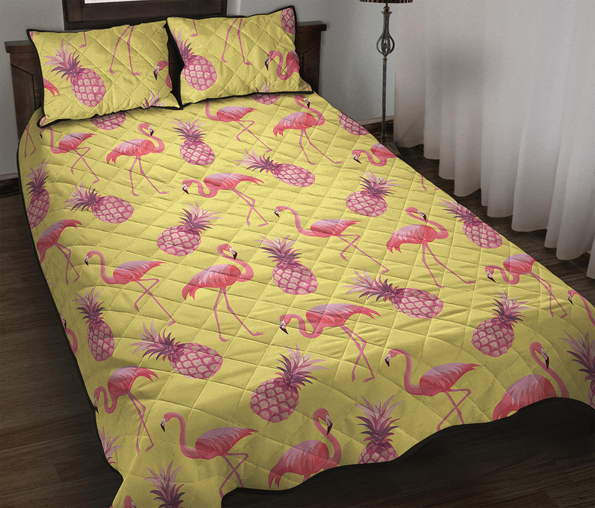 Pineapple And Flamingo Pattern Print Quilt Bed Set