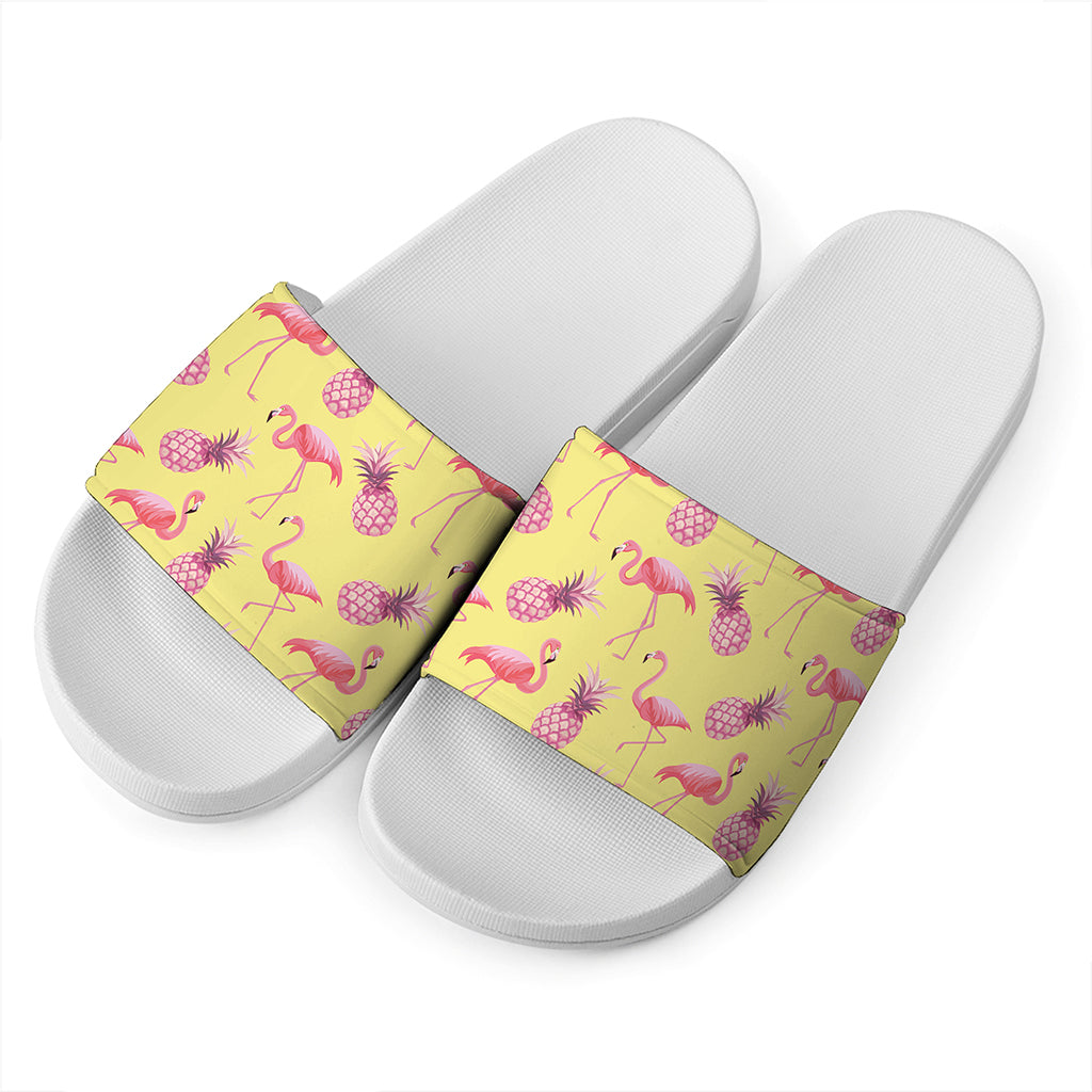 Pineapple And Flamingo Pattern Print White Slide Sandals