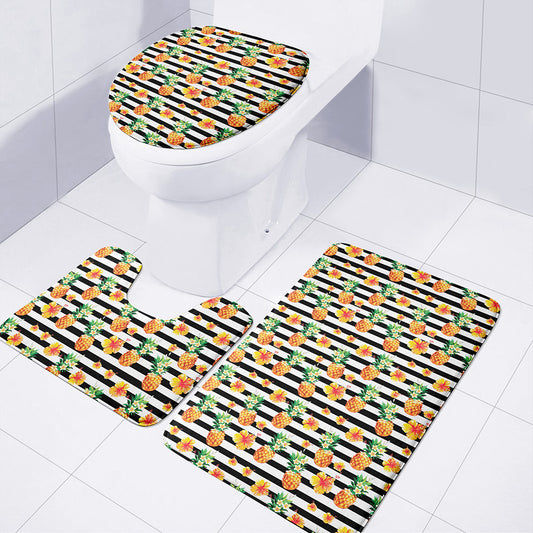 Pineapple And Hibiscus Striped Print 3 Piece Bath Mat Set