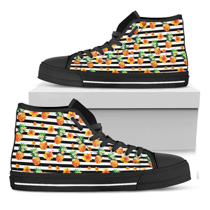 Pineapple And Hibiscus Striped Print Black High Top Shoes