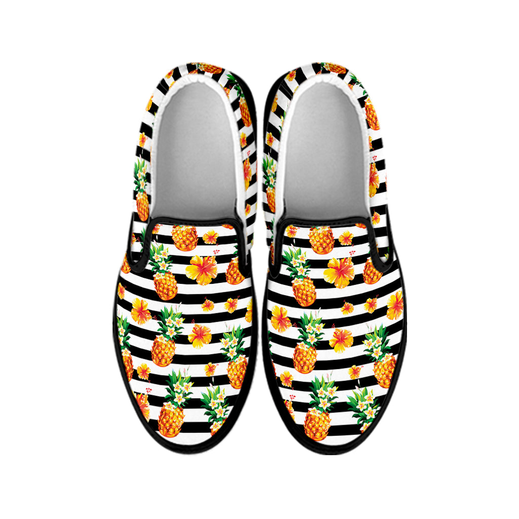 Pineapple And Hibiscus Striped Print Black Slip On Shoes