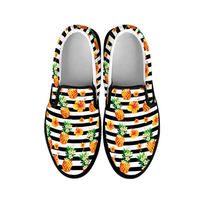 Pineapple And Hibiscus Striped Print Black Slip On Shoes