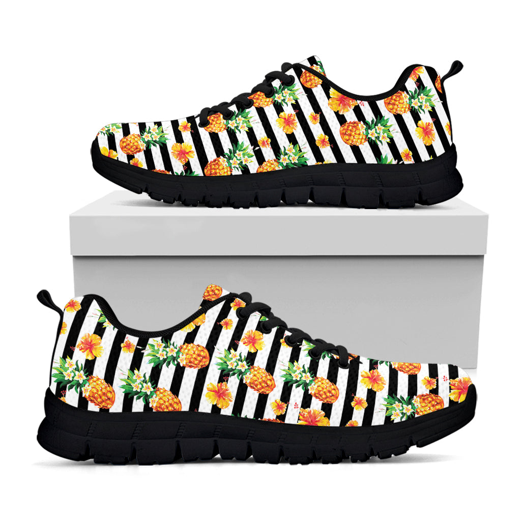 Pineapple And Hibiscus Striped Print Black Sneakers