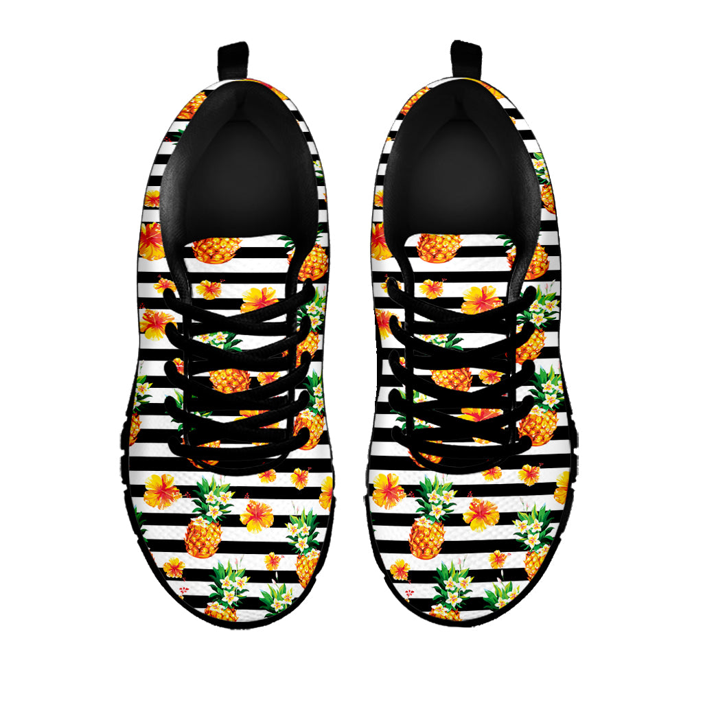 Pineapple And Hibiscus Striped Print Black Sneakers