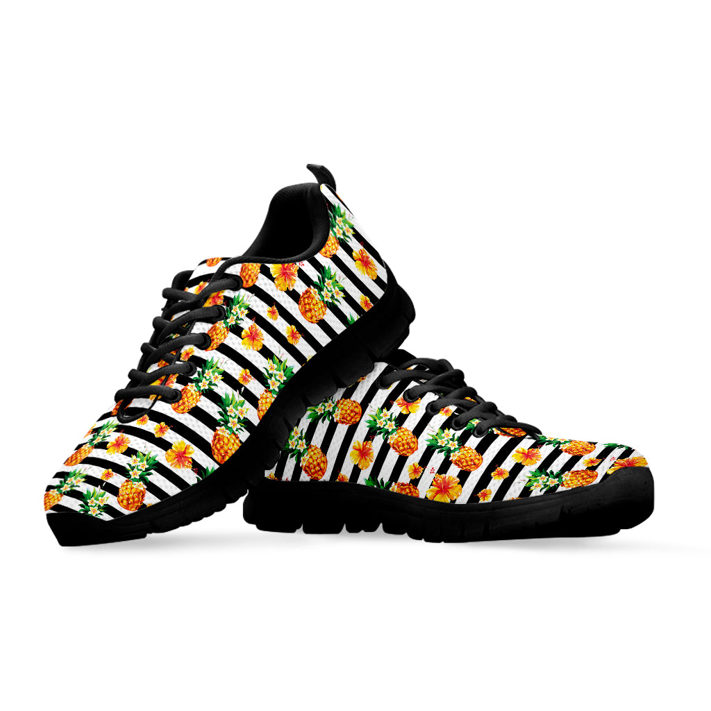 Pineapple And Hibiscus Striped Print Black Sneakers