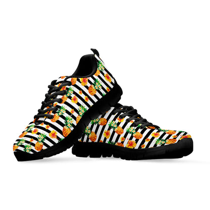 Pineapple And Hibiscus Striped Print Black Sneakers