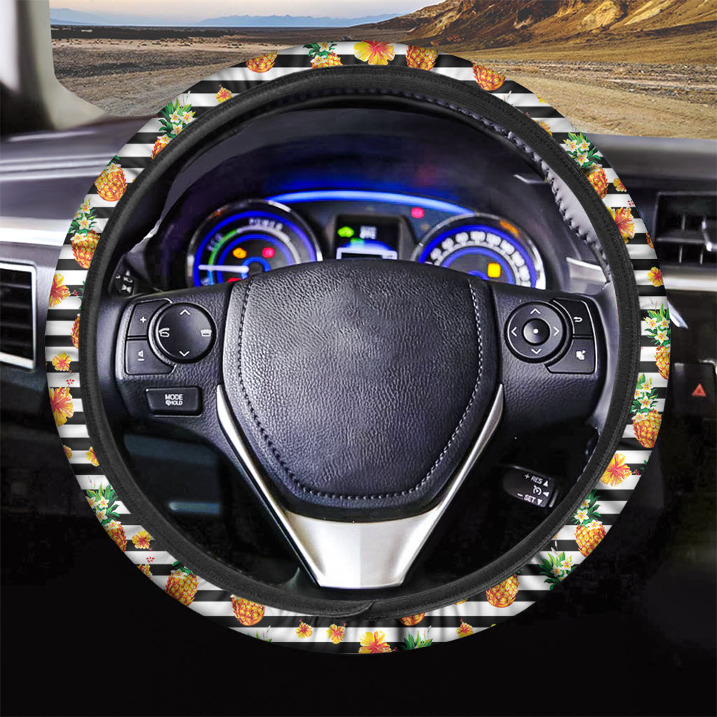 Pineapple And Hibiscus Striped Print Car Steering Wheel Cover