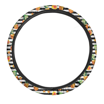 Pineapple And Hibiscus Striped Print Car Steering Wheel Cover