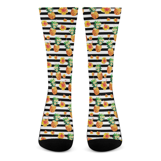 Pineapple And Hibiscus Striped Print Crew Socks