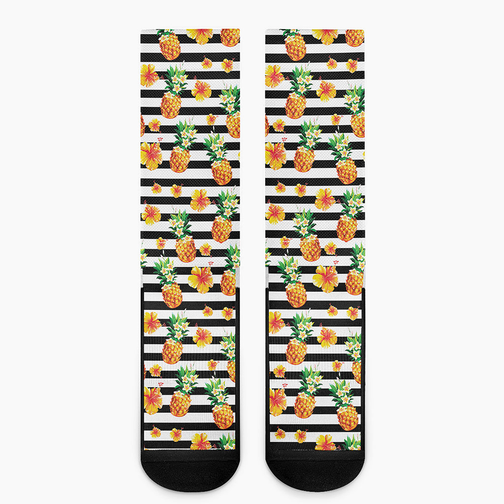 Pineapple And Hibiscus Striped Print Crew Socks