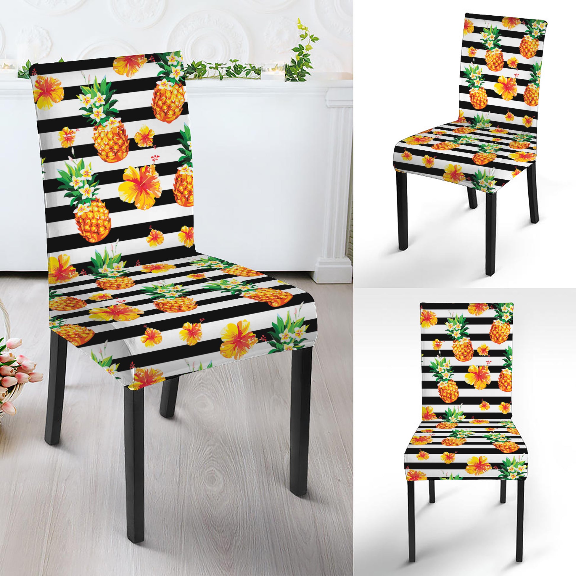 Pineapple And Hibiscus Striped Print Dining Chair Slipcover