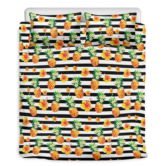 Pineapple And Hibiscus Striped Print Duvet Cover Bedding Set