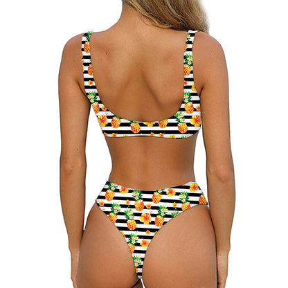 Pineapple And Hibiscus Striped Print Front Bow Tie Bikini