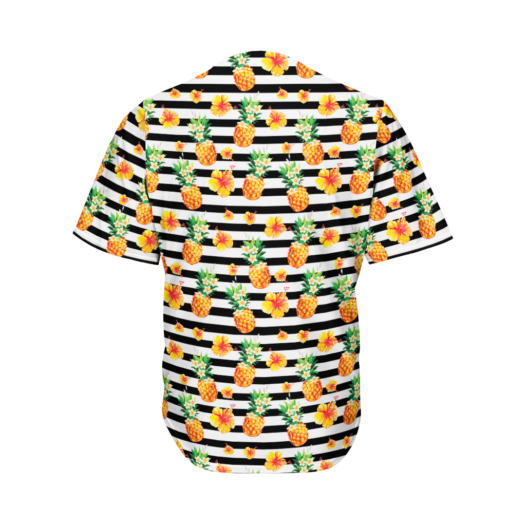 Pineapple And Hibiscus Striped Print Men's Baseball Jersey