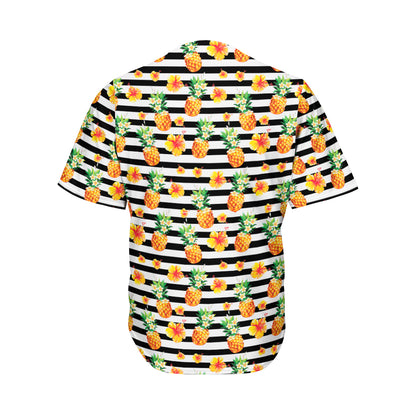 Pineapple And Hibiscus Striped Print Men's Baseball Jersey