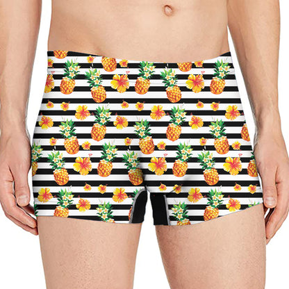 Pineapple And Hibiscus Striped Print Men's Boxer Briefs