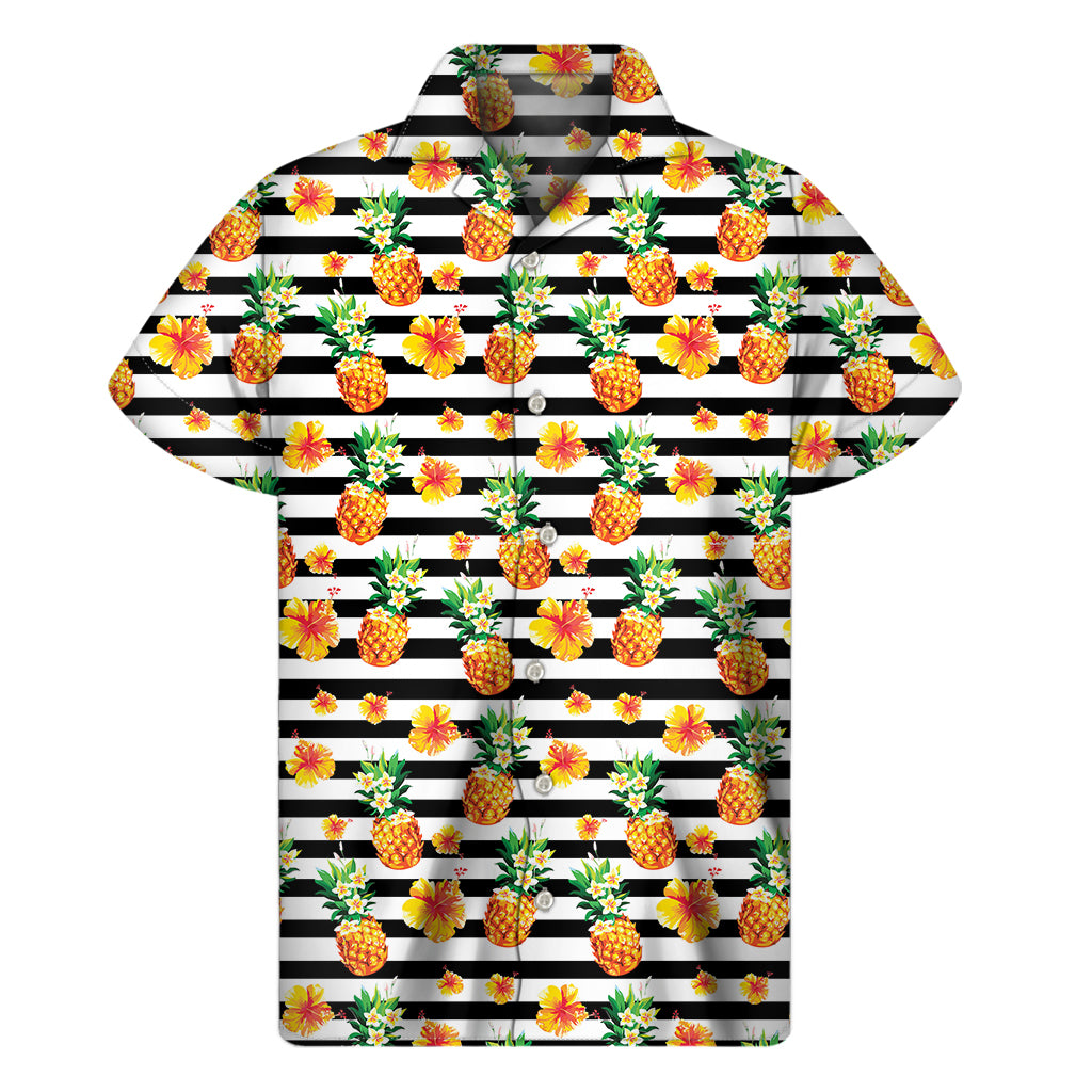 Pineapple And Hibiscus Striped Print Men's Short Sleeve Shirt