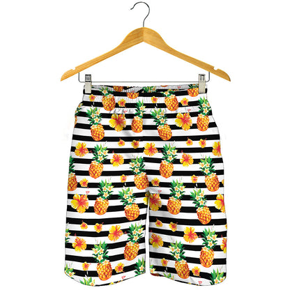 Pineapple And Hibiscus Striped Print Men's Shorts