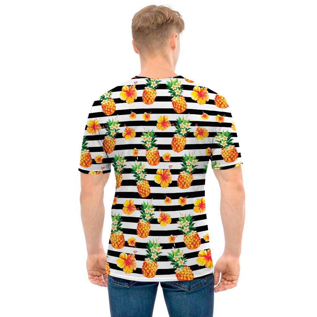 Pineapple And Hibiscus Striped Print Men's T-Shirt