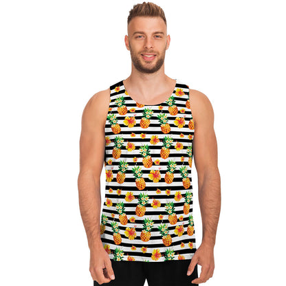 Pineapple And Hibiscus Striped Print Men's Tank Top
