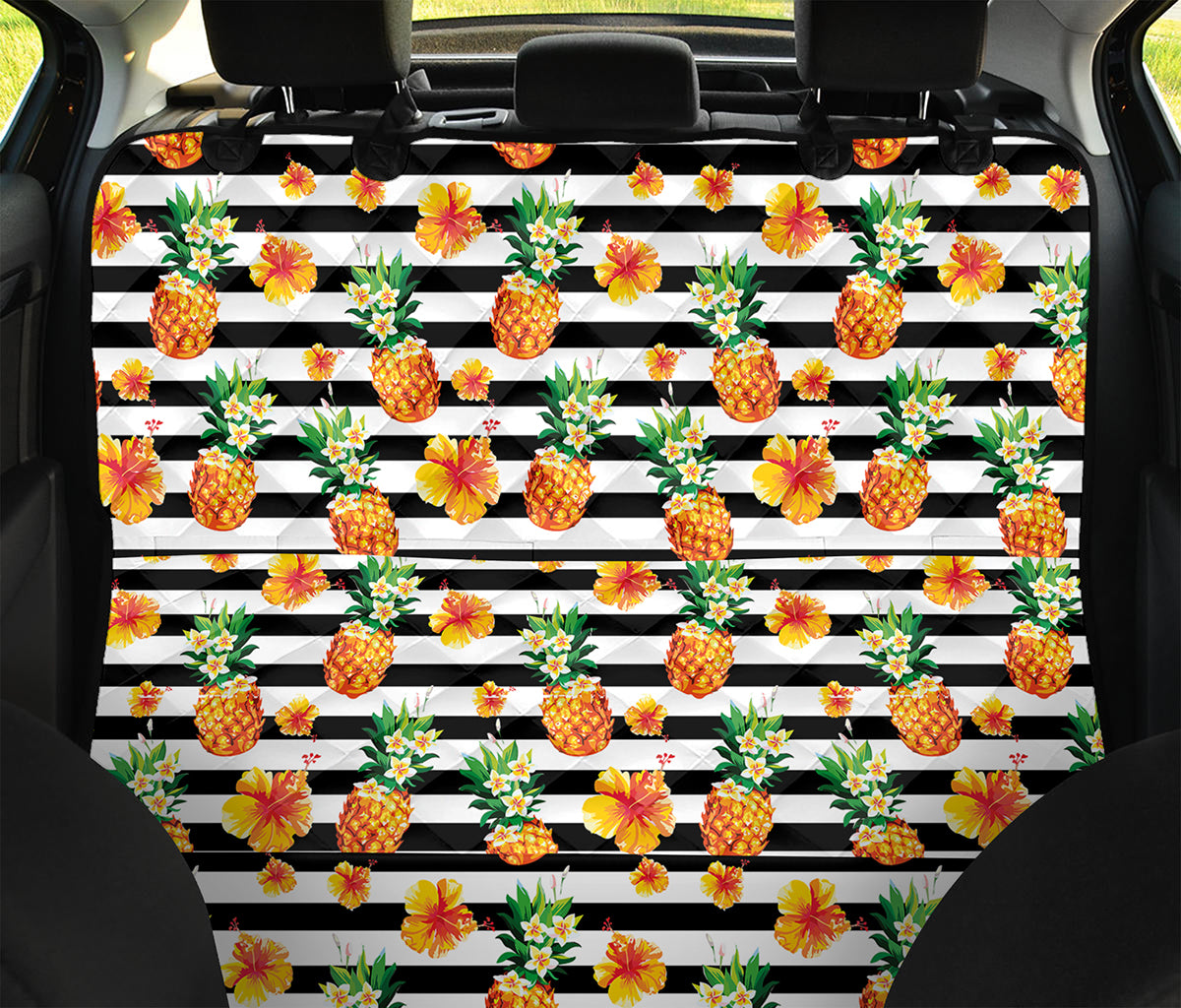 Pineapple And Hibiscus Striped Print Pet Car Back Seat Cover