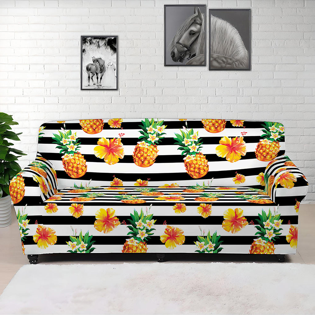 Pineapple And Hibiscus Striped Print Sofa Cover