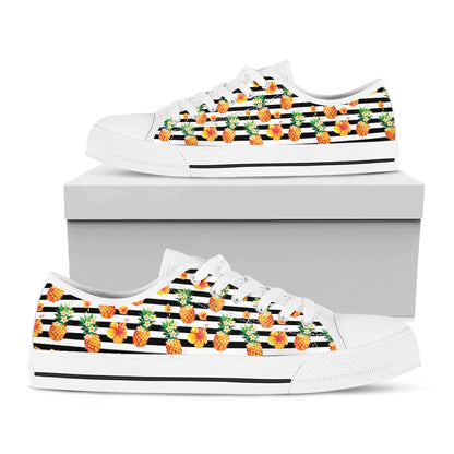 Pineapple And Hibiscus Striped Print White Low Top Shoes