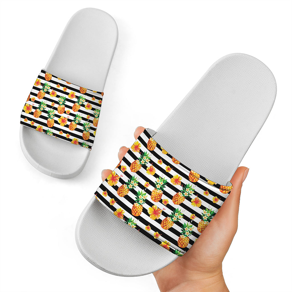 Pineapple And Hibiscus Striped Print White Slide Sandals