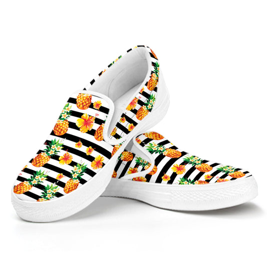 Pineapple And Hibiscus Striped Print White Slip On Shoes