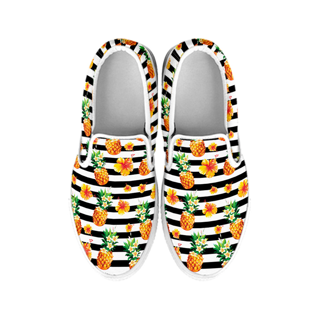 Pineapple And Hibiscus Striped Print White Slip On Shoes