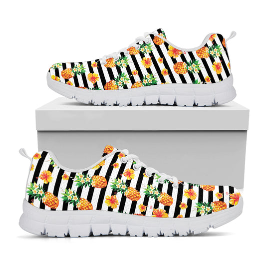 Pineapple And Hibiscus Striped Print White Sneakers
