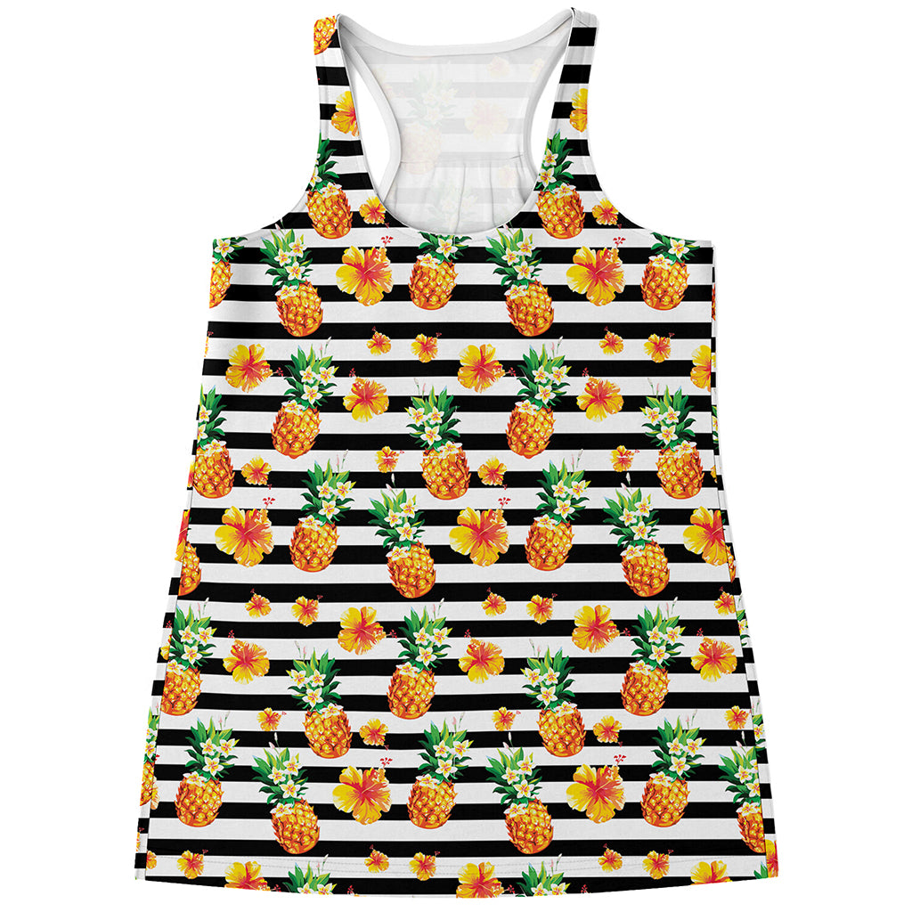 Pineapple And Hibiscus Striped Print Women's Racerback Tank Top