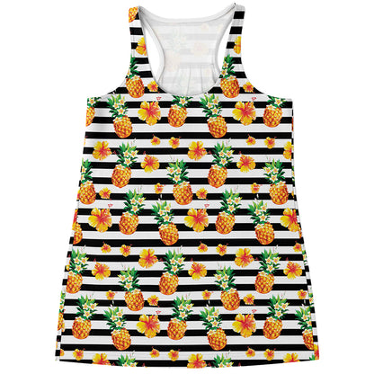 Pineapple And Hibiscus Striped Print Women's Racerback Tank Top