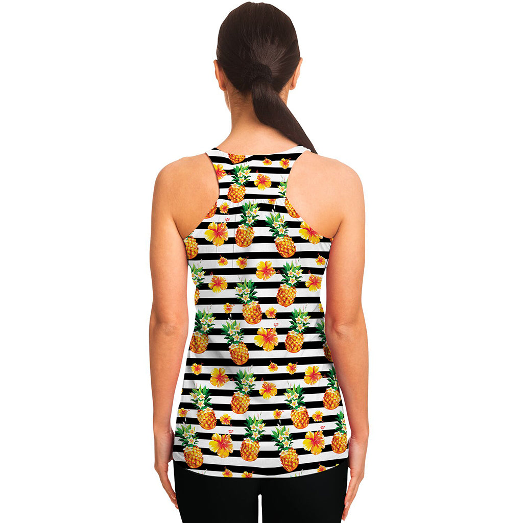 Pineapple And Hibiscus Striped Print Women's Racerback Tank Top
