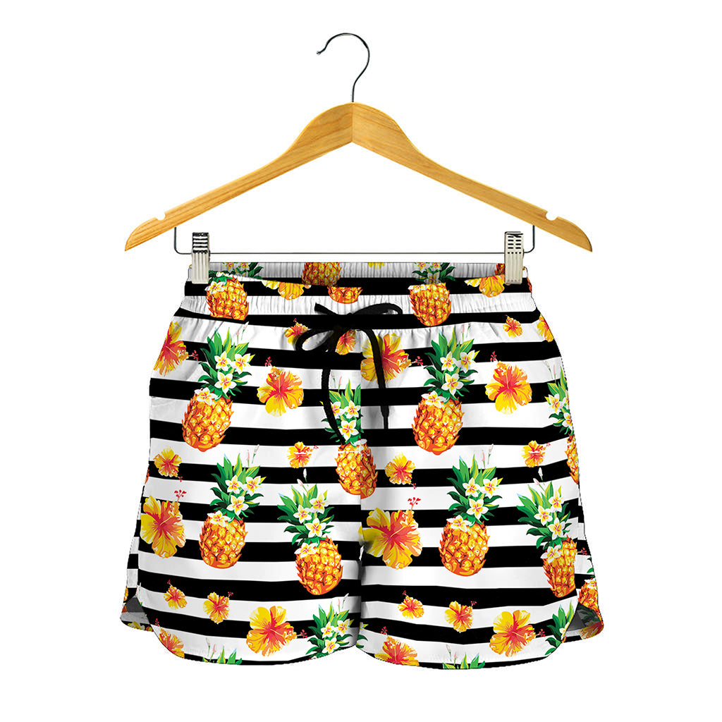 Pineapple And Hibiscus Striped Print Women's Shorts