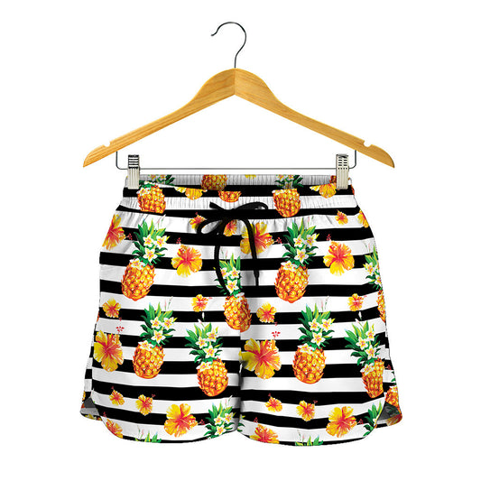 Pineapple And Hibiscus Striped Print Women's Shorts