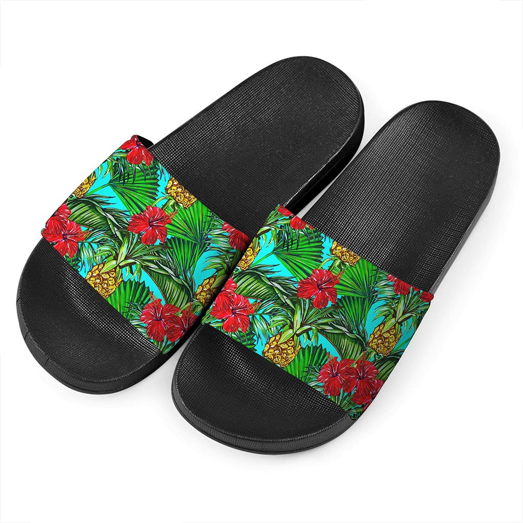 Pineapple Hibiscus Hawaii Pattern Print Black Slide Sandals