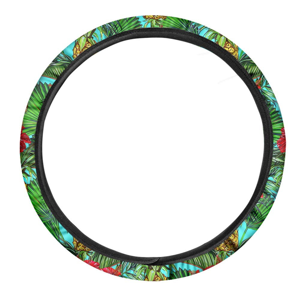 Pineapple Hibiscus Hawaii Pattern Print Car Steering Wheel Cover