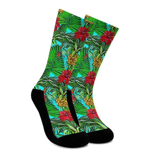 Pineapple Hibiscus Hawaii Pattern Print Crew Socks