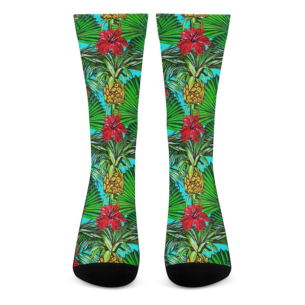 Pineapple Hibiscus Hawaii Pattern Print Crew Socks