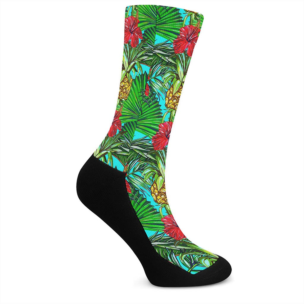 Pineapple Hibiscus Hawaii Pattern Print Crew Socks