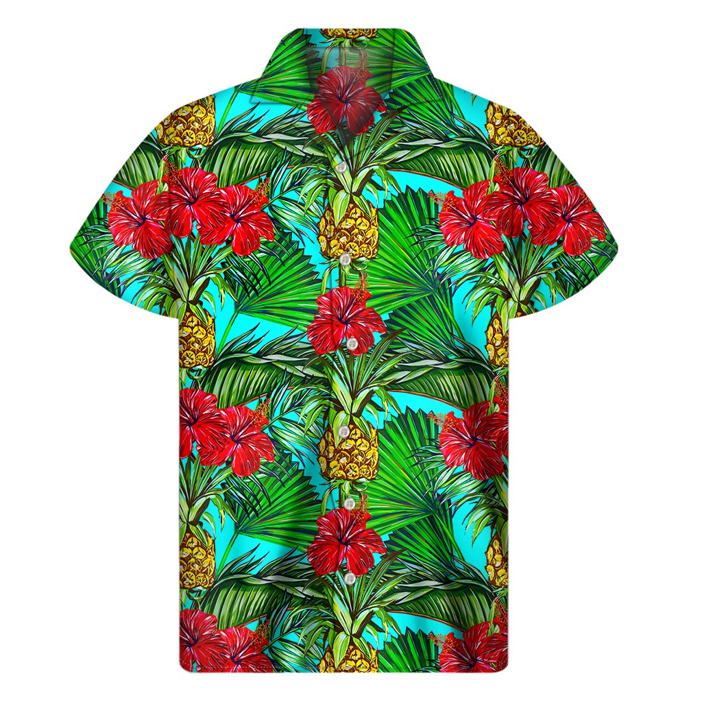 Pineapple Hibiscus Hawaii Pattern Print Men's Short Sleeve Shirt