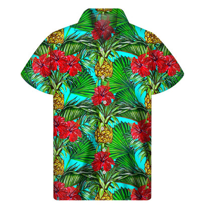 Pineapple Hibiscus Hawaii Pattern Print Men's Short Sleeve Shirt