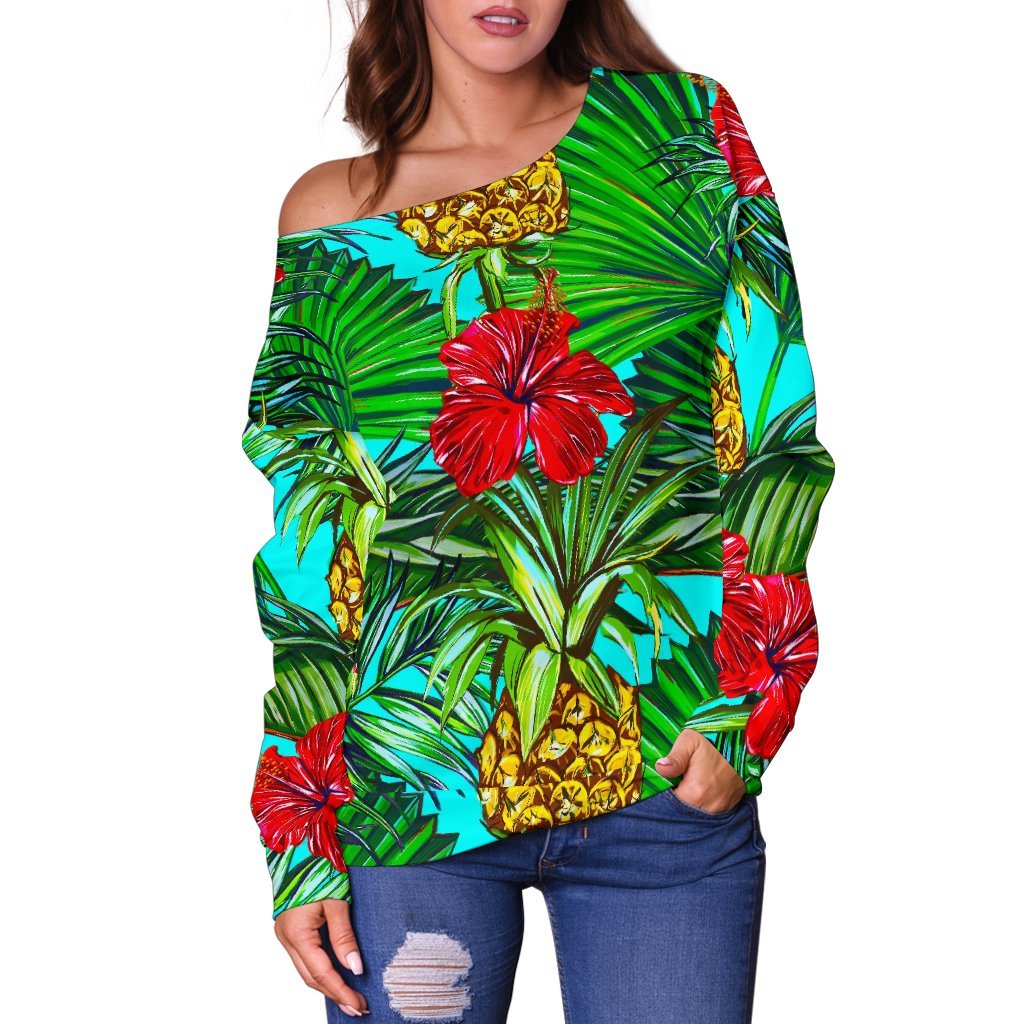 Pineapple Hibiscus Hawaii Pattern Print Off Shoulder Sweatshirt GearFrost