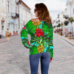 Pineapple Hibiscus Hawaii Pattern Print Off Shoulder Sweatshirt GearFrost