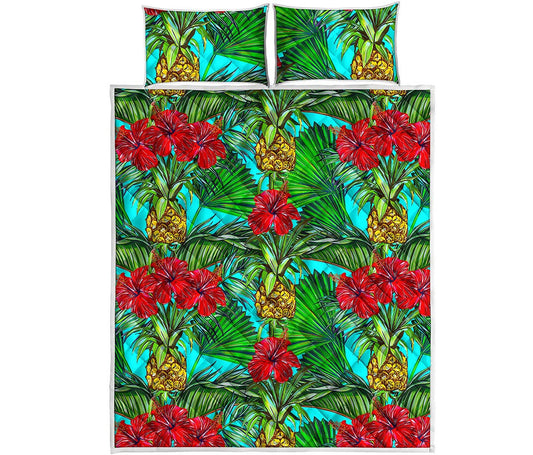 Pineapple Hibiscus Hawaii Pattern Print Quilt Bed Set