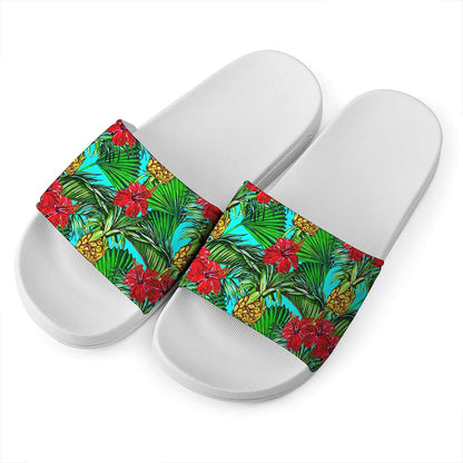 Pineapple Hibiscus Hawaii Pattern Print White Slide Sandals