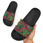 Pineapple Leaves Hawaii Pattern Print Black Slide Sandals