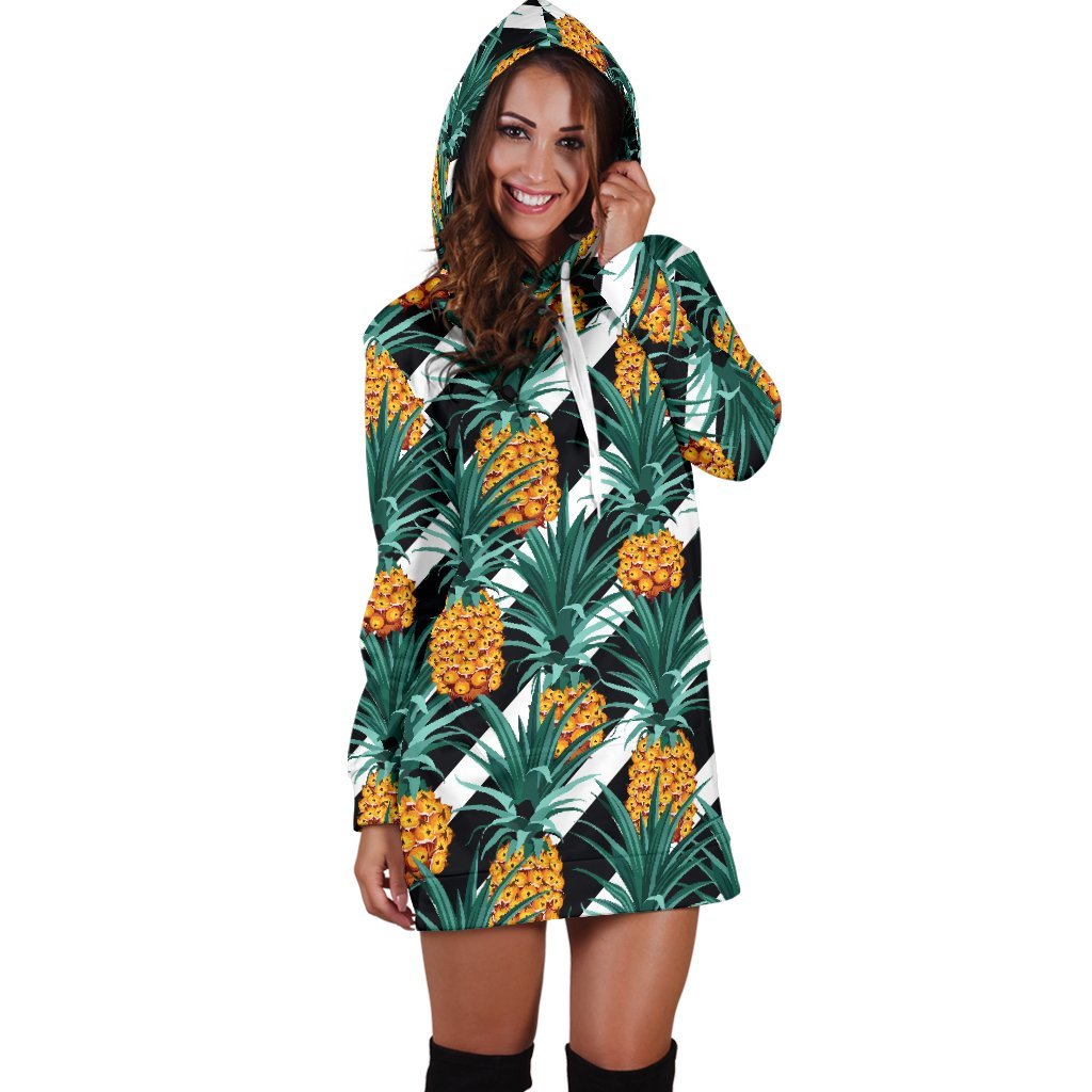 Pineapple Striped Pattern Print Hoodie Dress GearFrost