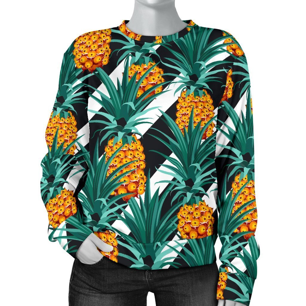 Pineapple Striped Pattern Print Women's Crewneck Sweatshirt GearFrost